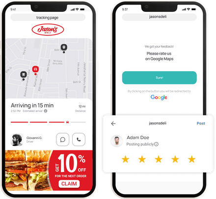 Branded Jason's Deli tracking page with live map, driver and a 10% off promo, next to a Google review prompt