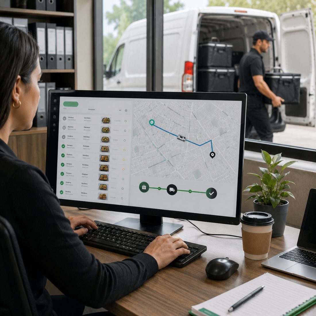 Operator dispatching a catering order from the dashboard as a van loads