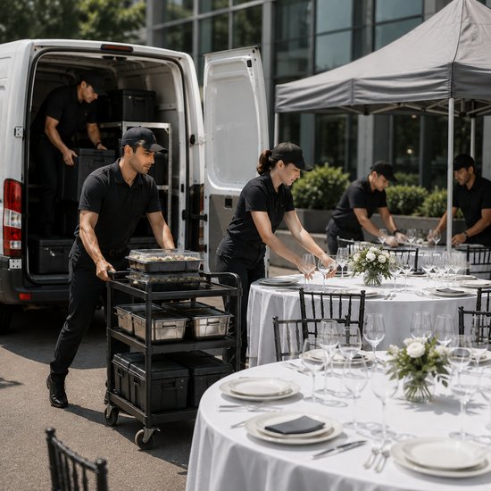 Catering crew unloading trays from a van and setting up tables