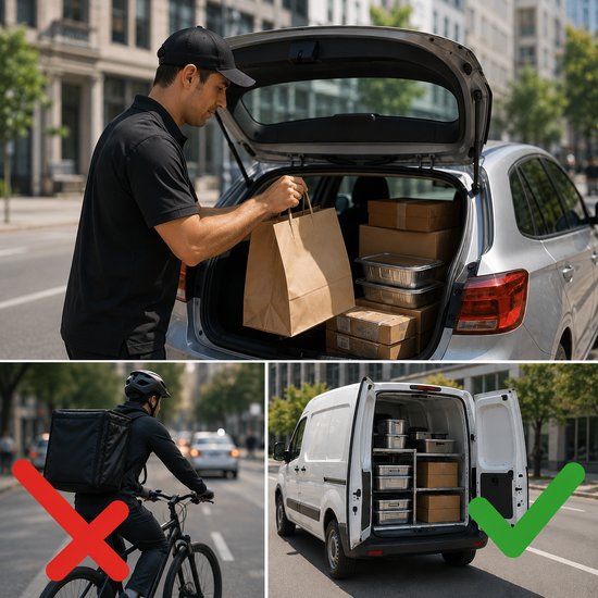 Car trunk and van loaded with catering trays, bike courier ruled out