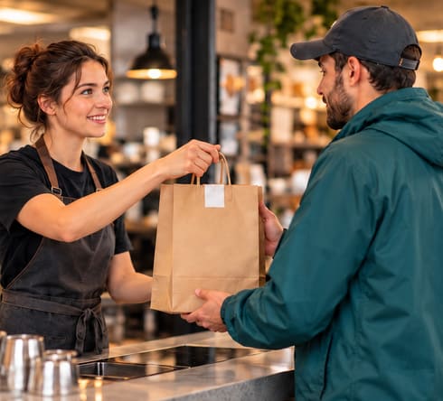 Restaurant staff handing a takeout order to a courier