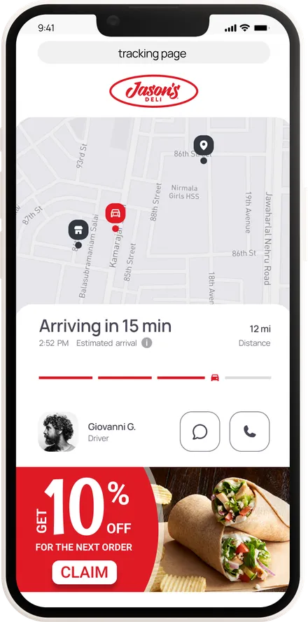 Branded Cartwheel tracking page with the restaurant logo, live map, driver contact and a promotional banner