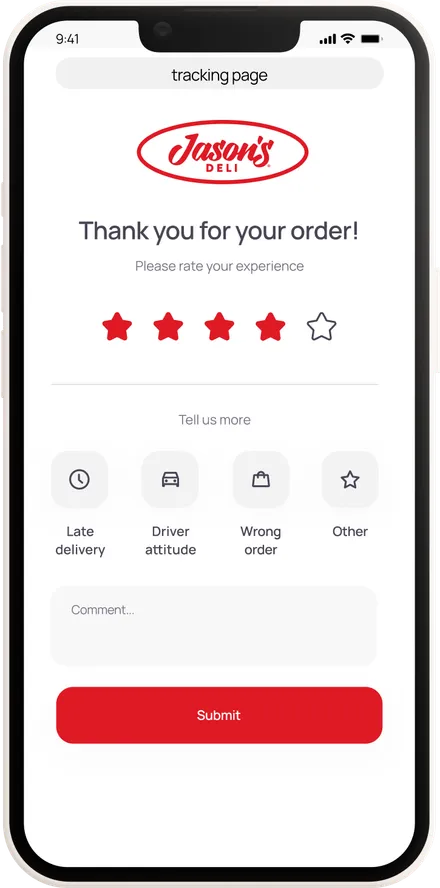 Post-delivery review screen: rate your experience, tell us more, comment and submit